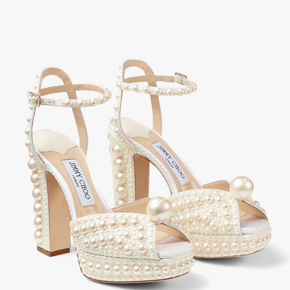 White Satin Platform Sandals with All-Over Pearl Embellishment.
